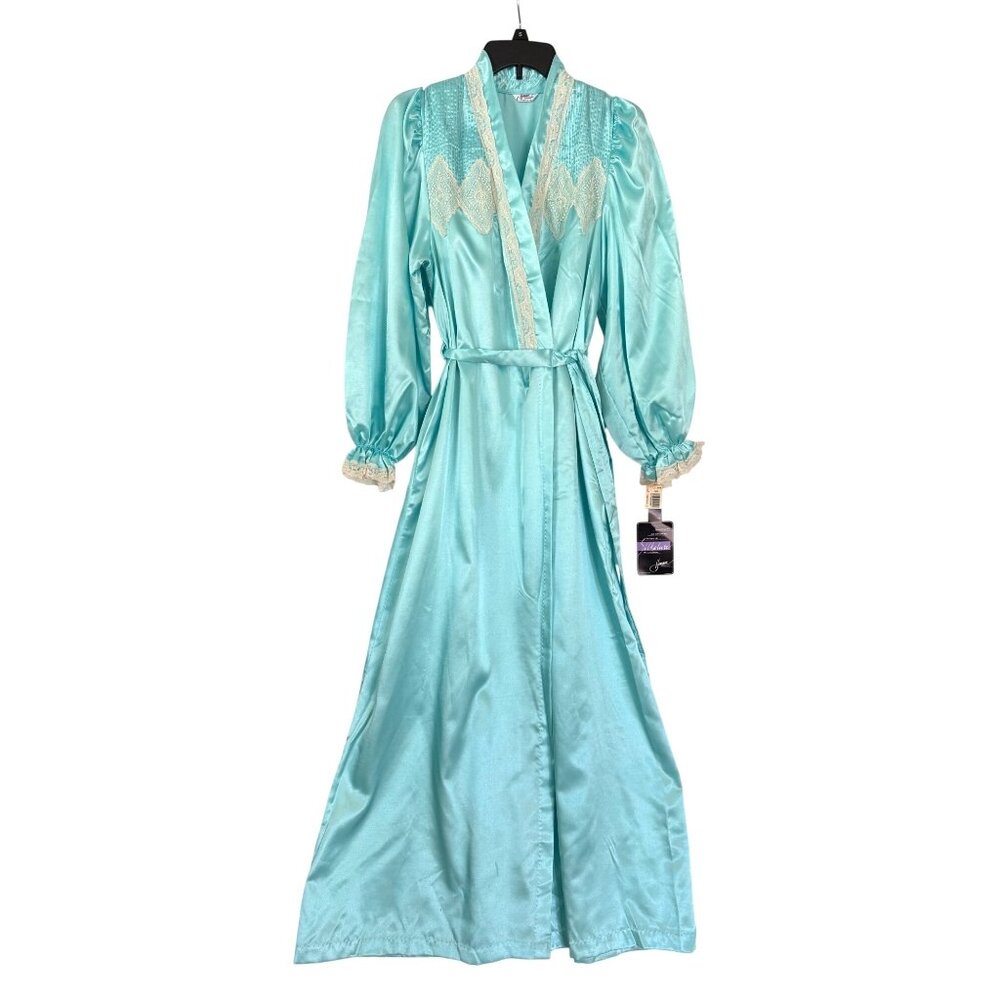 size S Vintage Aqua Satin Robe Lace Trim Silkalure Women's Long Sleeves Belted s - Picture 3 of 9